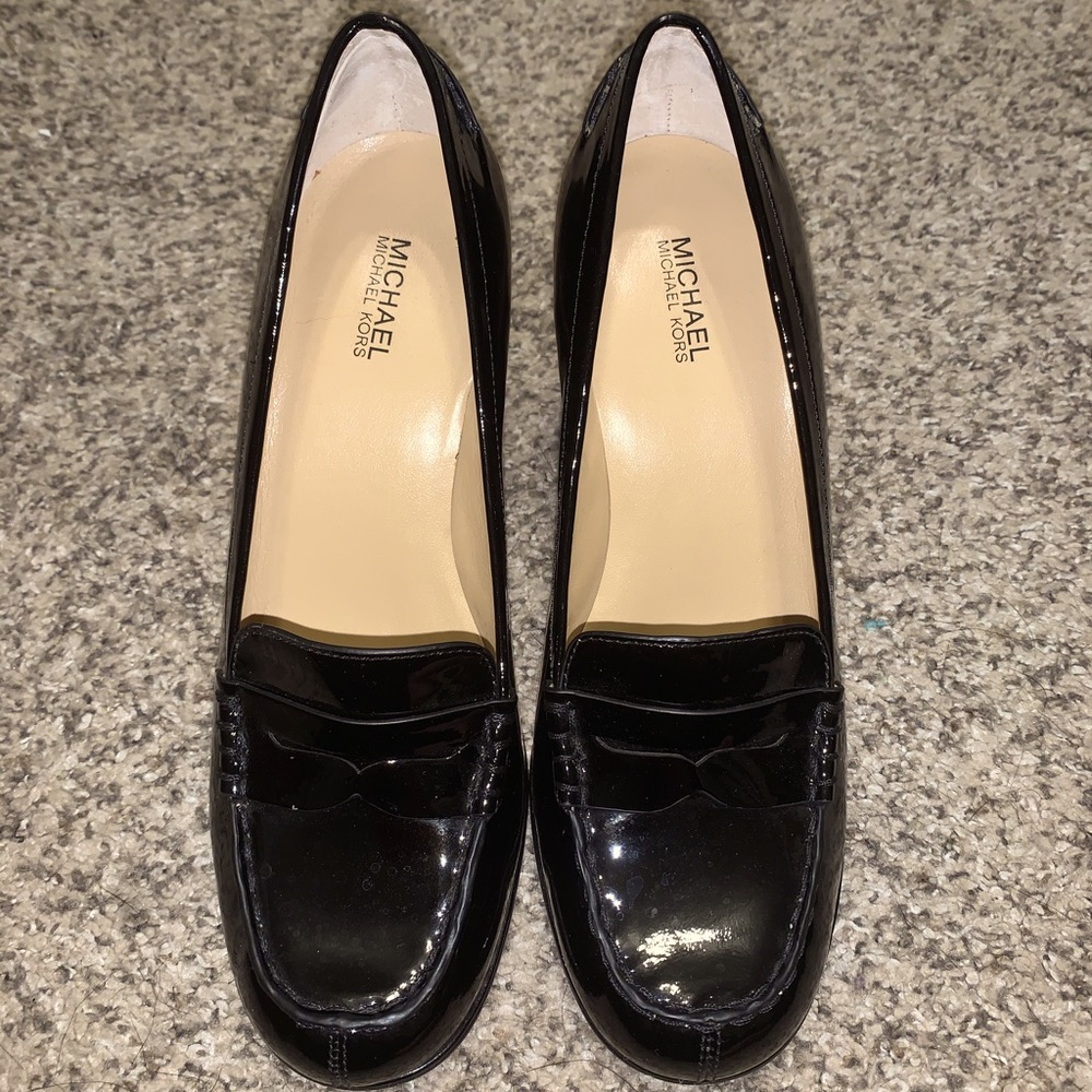 Michael Kors black wide heeled penny loafers